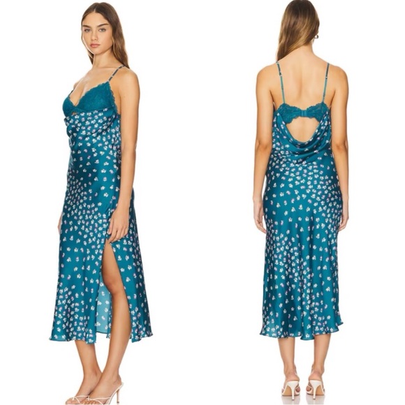 NWT FREE PEOPLE Gossamer Glow Floral Satin Lace Slip Midi Dress - Picture 3 of 10